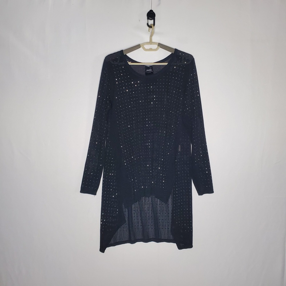 Vocal USA Sequin Mesh Tunic Top Women Medium Rhinestone Sheer Y2K Indie Glam